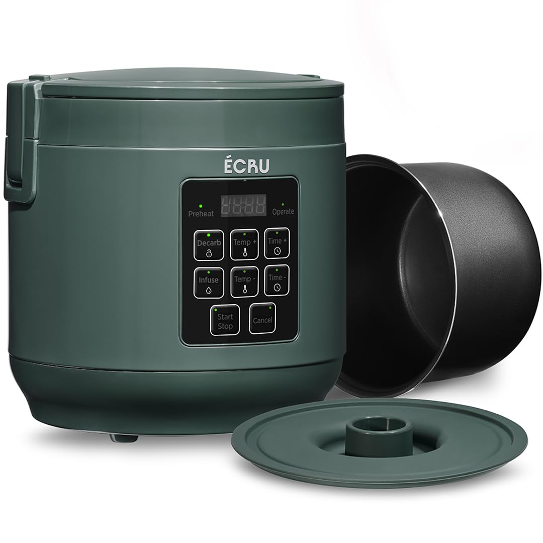 ECRU 2-in-1 herb decarboxylator infuser shown with lid and precise heat control.