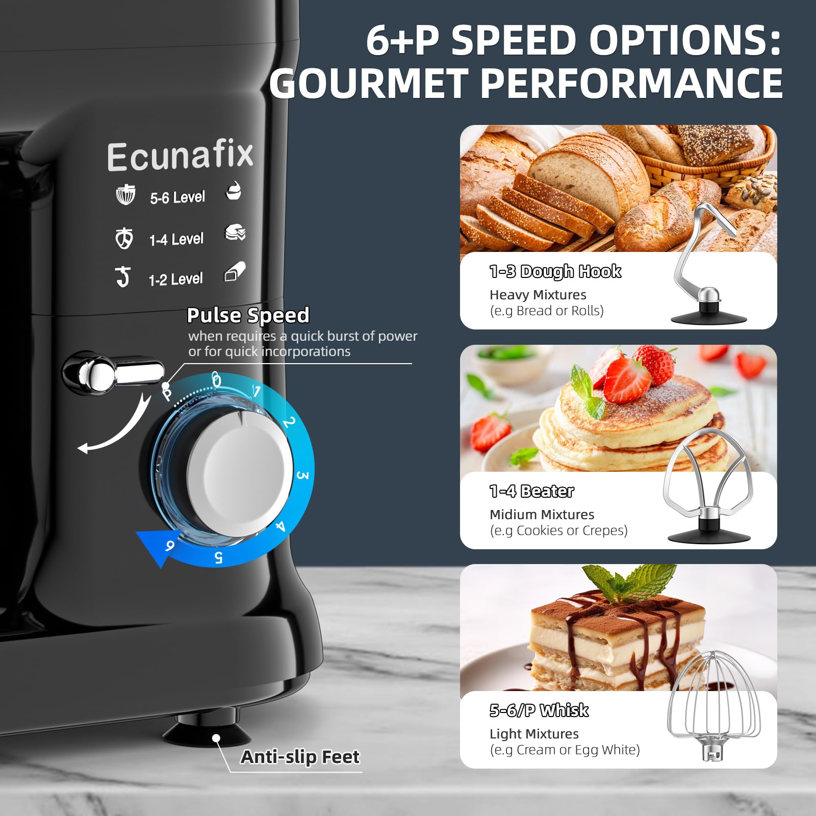 Ecunafix mixer with 6+ speeds for versatile recipes from kneading to whipping