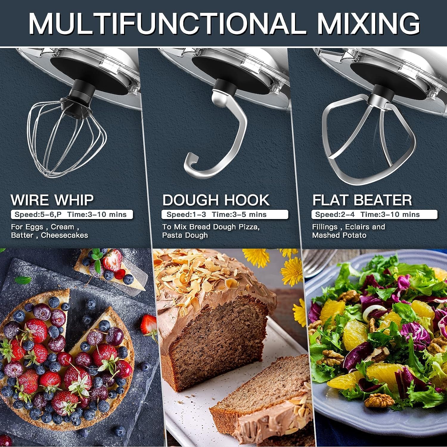 Ecunafix dough hook attachment kneads bread and pizza dough.