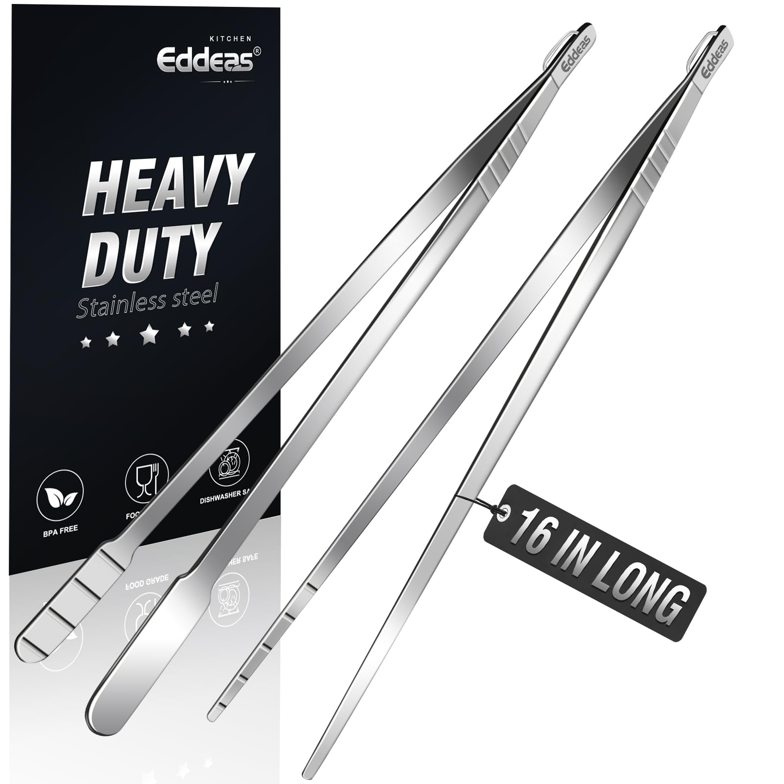 Eddeas 16-inch kitchen tweezers pack for grilling and serving, versatile and safe.