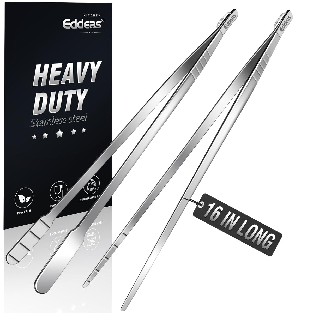 Eddeas 16-inch kitchen tweezers pack for grilling and serving, versatile and safe.