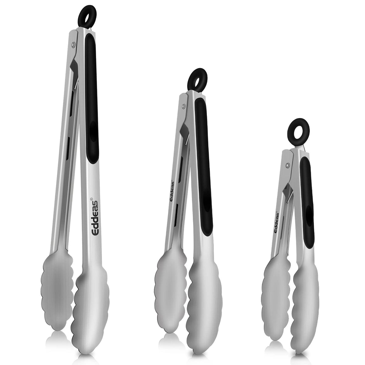 Eddeas 7-inch cooking tong in action for precise, safe flipping of small veggies.
