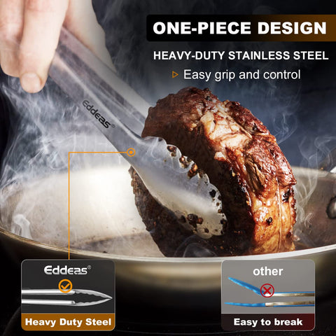 Eddeas 9-inch cooking tong shown in grilling setup for steady turning and handling.