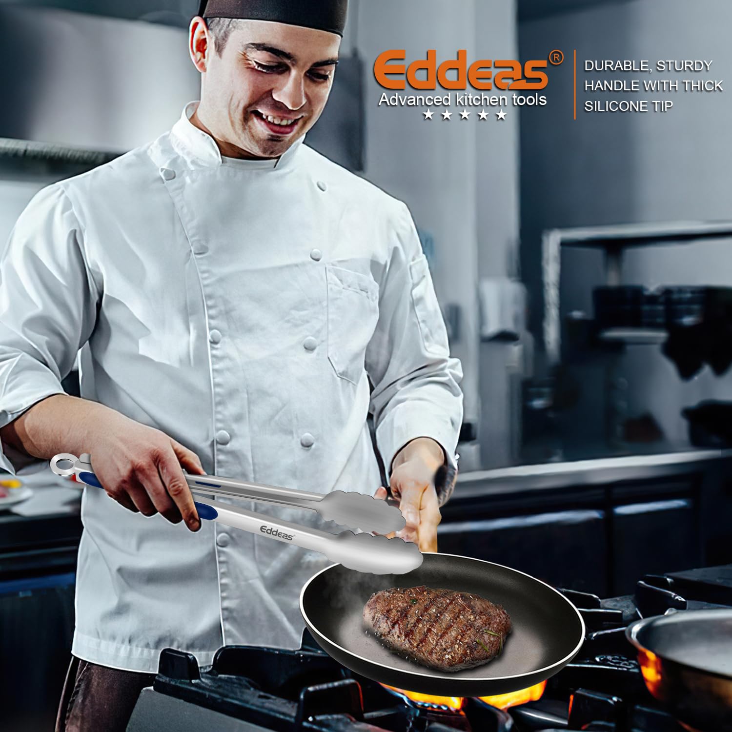 Eddeas heat-resistant handles blue tongs for safe manipulation