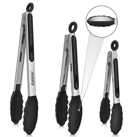 Eddeas silicone-tips kitchen tongs protect nonstick cookware during lifting.