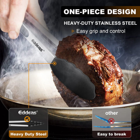 Eddeas 7-inch tong securely grips burgers and delicate foods.