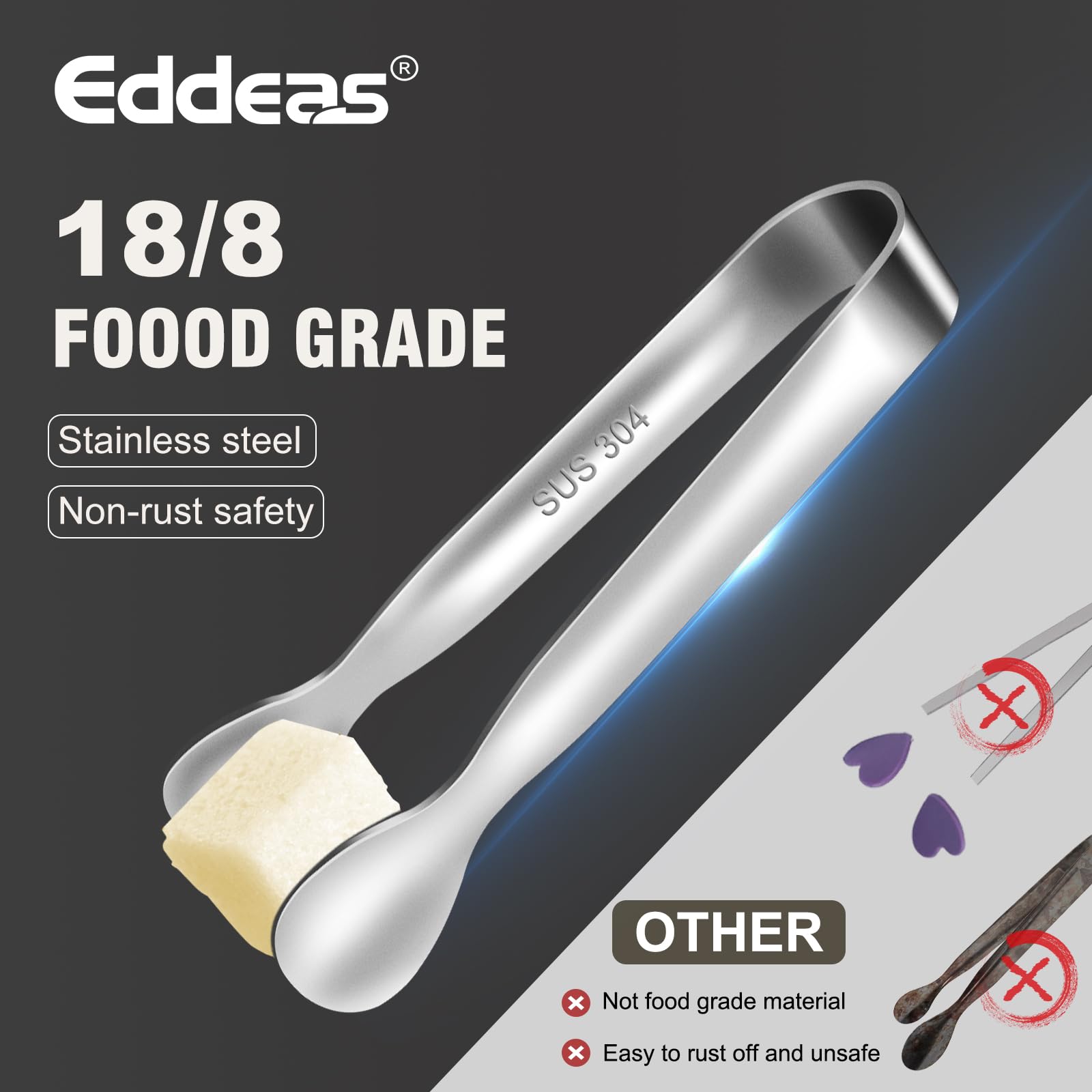 Eddeas mini tongs show four-inch length for precise serving.