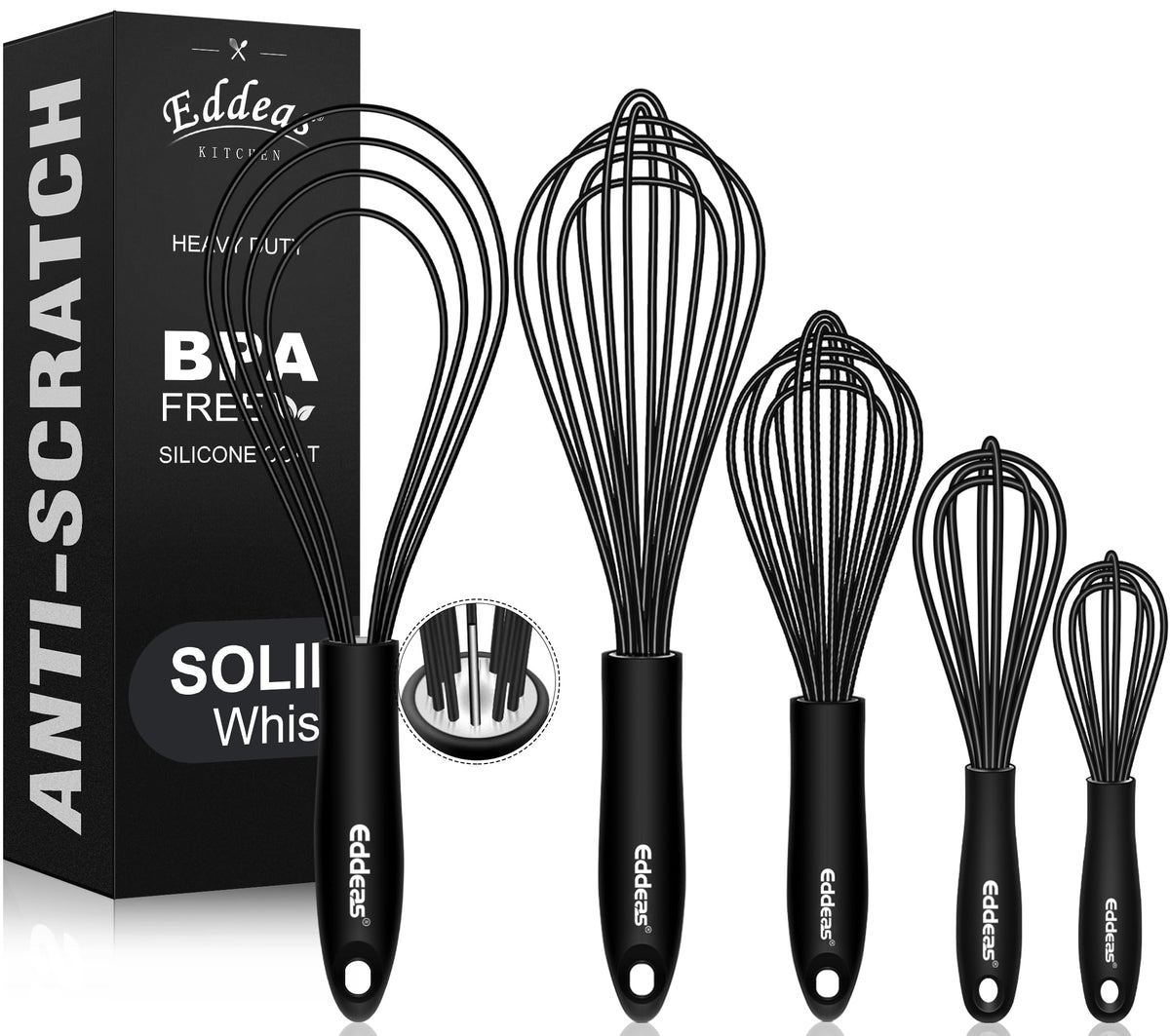 Eddeas silicone whisk, 5in balloon, gentle beating for eggs without scratching nonstick pans.