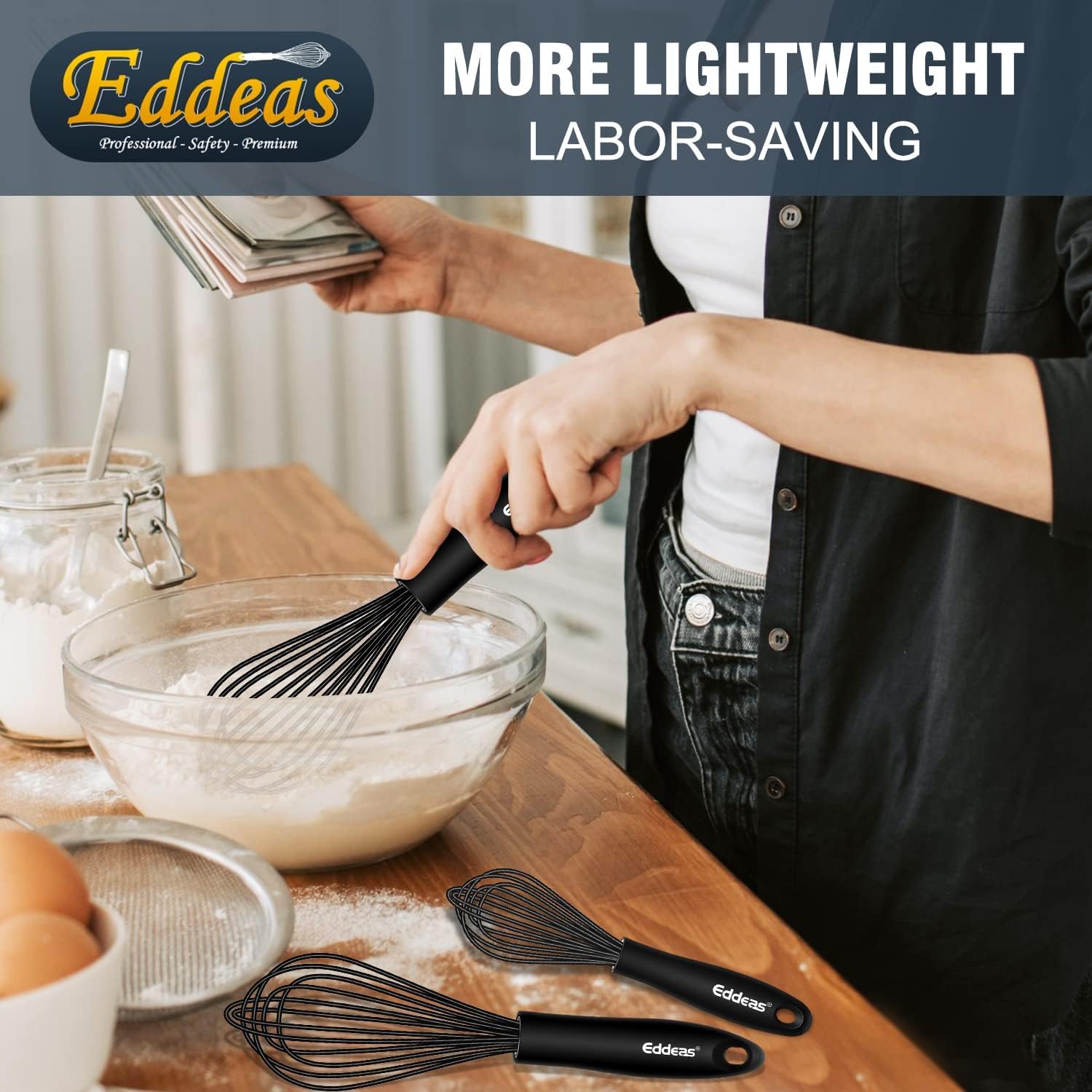 Eddeas silicone whisk, BPA-free, non-scratch and safe for nonstick cookware.
