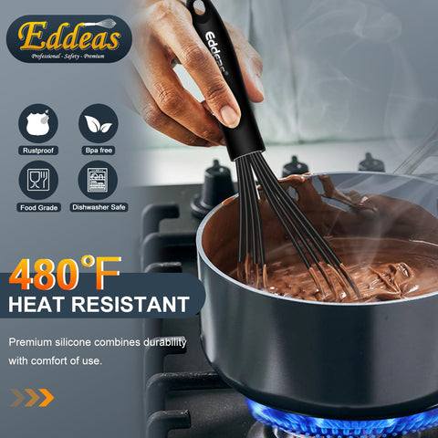 Eddeas silicone whisk, dishwasher-safe, easy cleanup after cooking.