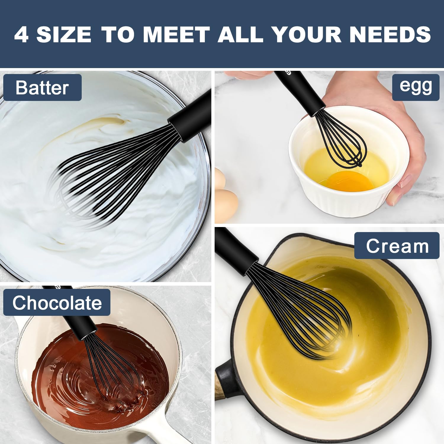 Eddeas silicone whisk, 11in flat, easily scrapes corners of wide pots.