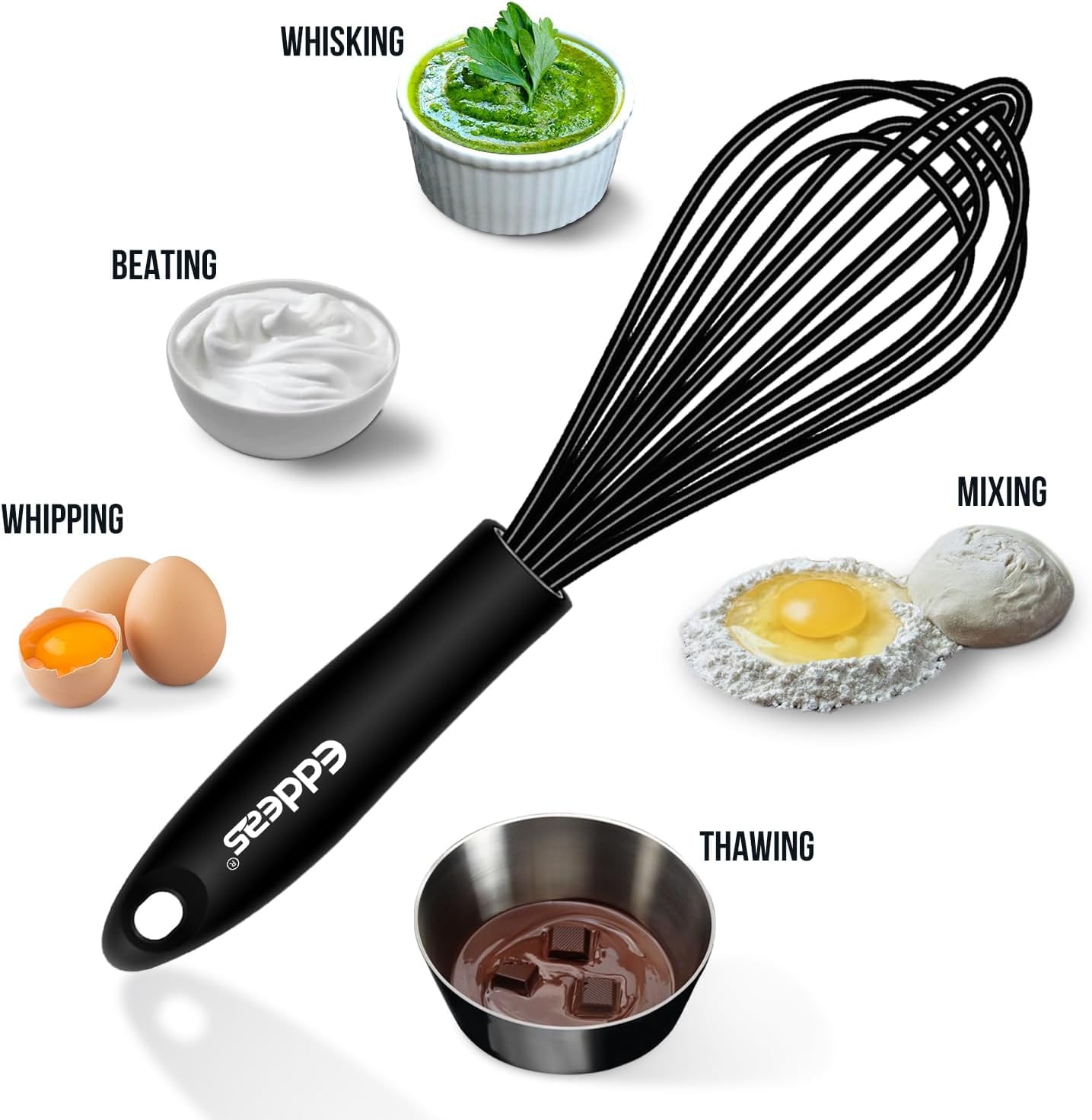 Eddeas silicone whisk, heat resistant up to 450°F, versatile cooking tool.