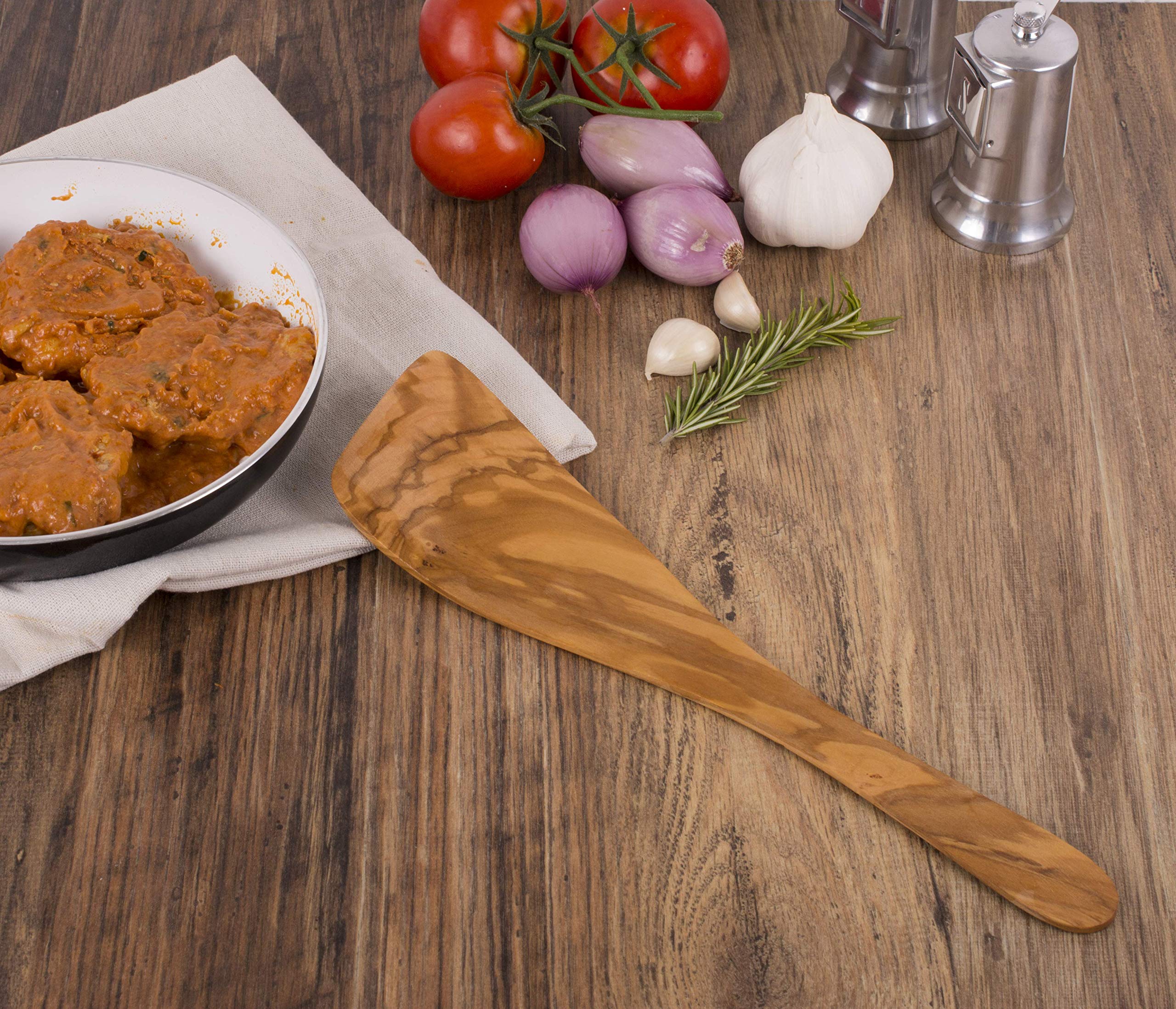 Eddingtons olive wood wide spatula in use for sauté and turning