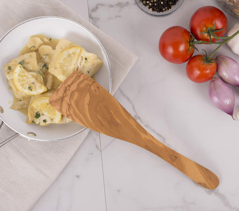 Eddingtons olive wood wide spatula on countertop display highlighting natural grain