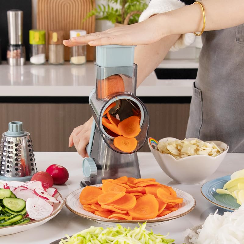 EDEFISY 3-in-1 drum blades in action shredding cheese and vegetables