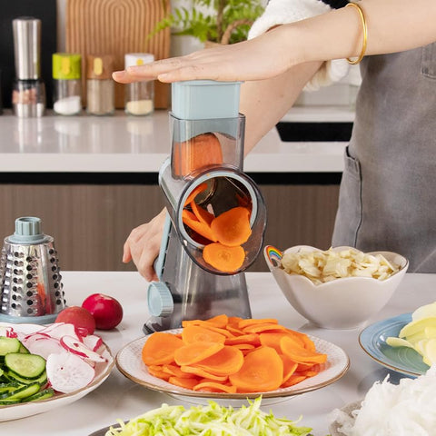 EDEFISY 3-in-1 drum blades in action shredding cheese and vegetables