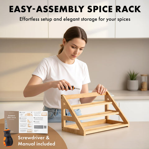 EDELHAUS 3-tier bamboo spice rack detailed rail system enhances jar security.