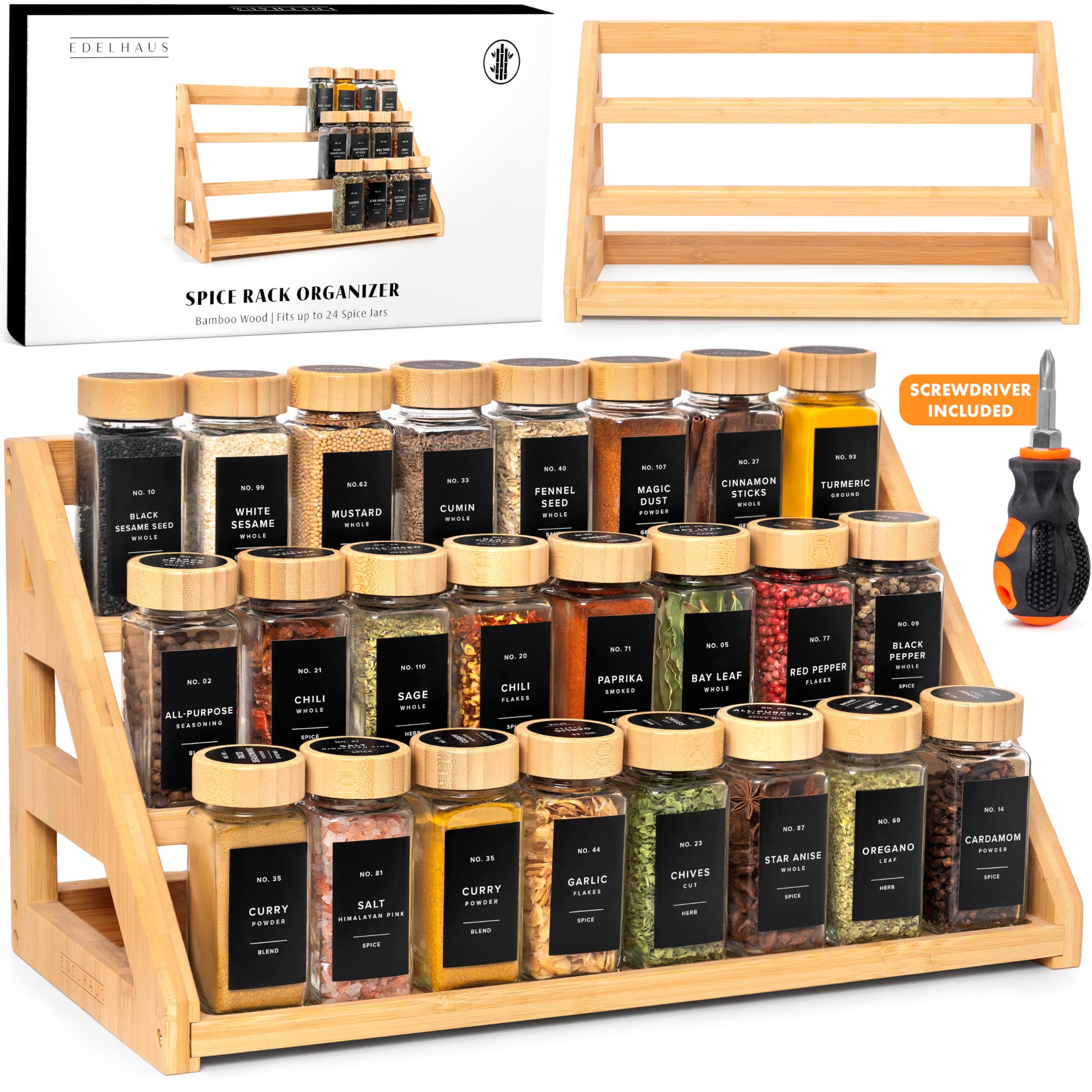EDELHAUS 3-tier bamboo spice rack front view with accessible jars for cooking.