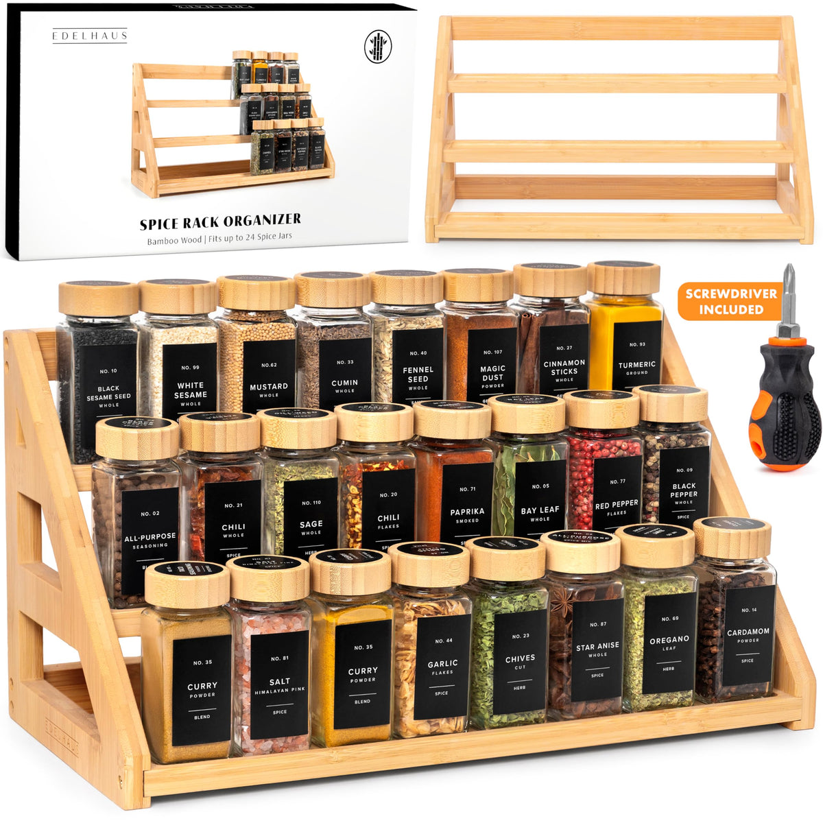 EDELHAUS 3-tier bamboo spice rack front view with accessible jars for cooking.