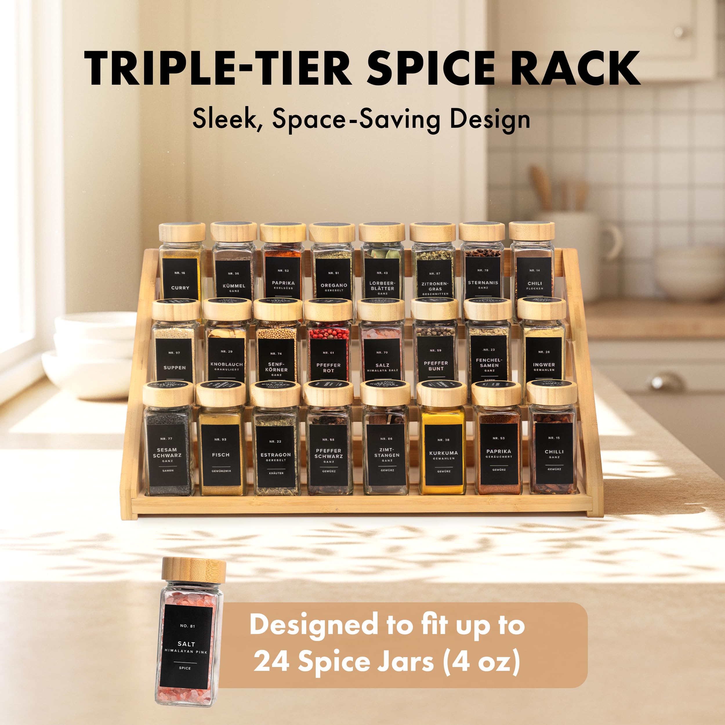 EDELHAUS 3-tier bamboo spice rack installed in cabinet saves space and keeps jars steady.