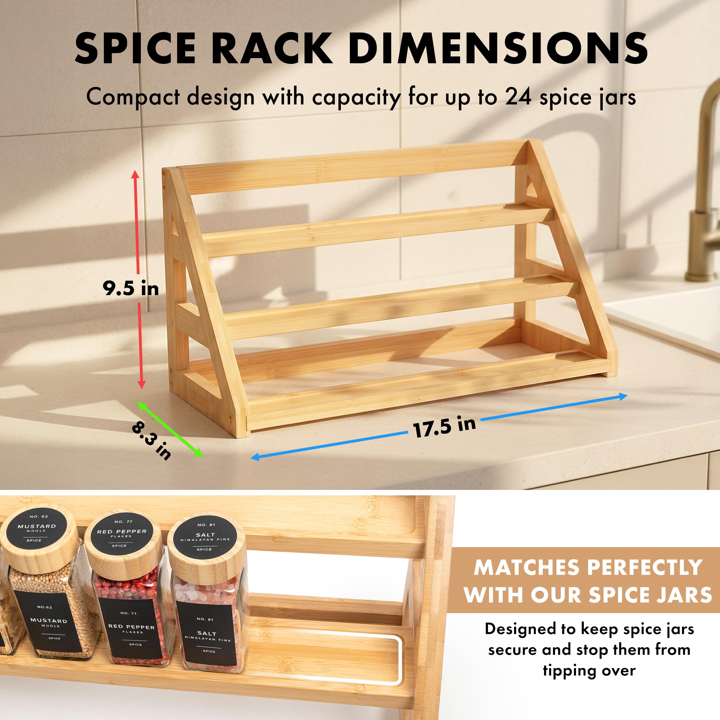 EDELHAUS 3-tier bamboo spice rack side profile shows stable construction for daily use.