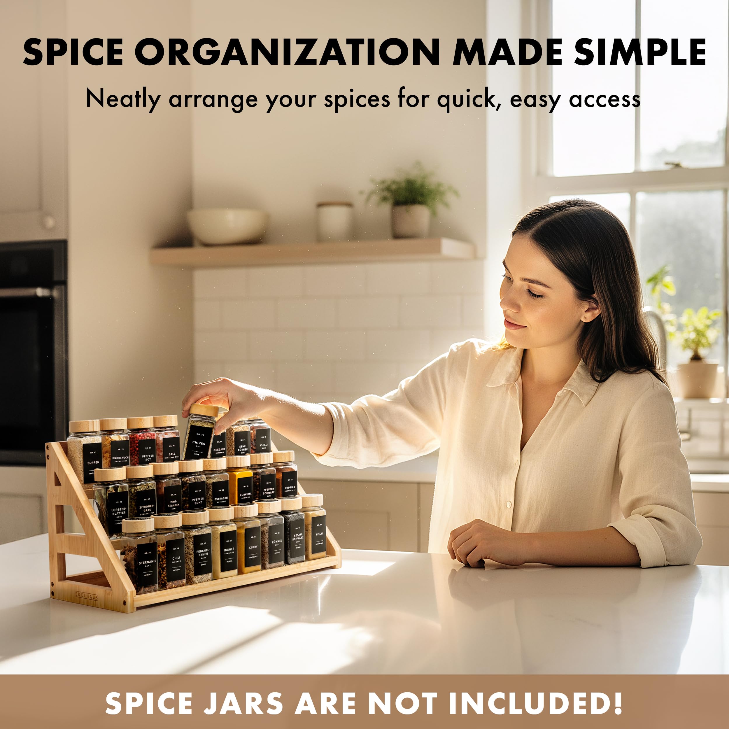 EDELHAUS 3-tier bamboo spice rack top-down view highlights broad jar visibility.