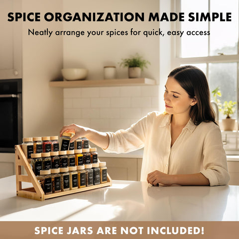 EDELHAUS 3-tier bamboo spice rack top-down view highlights broad jar visibility.