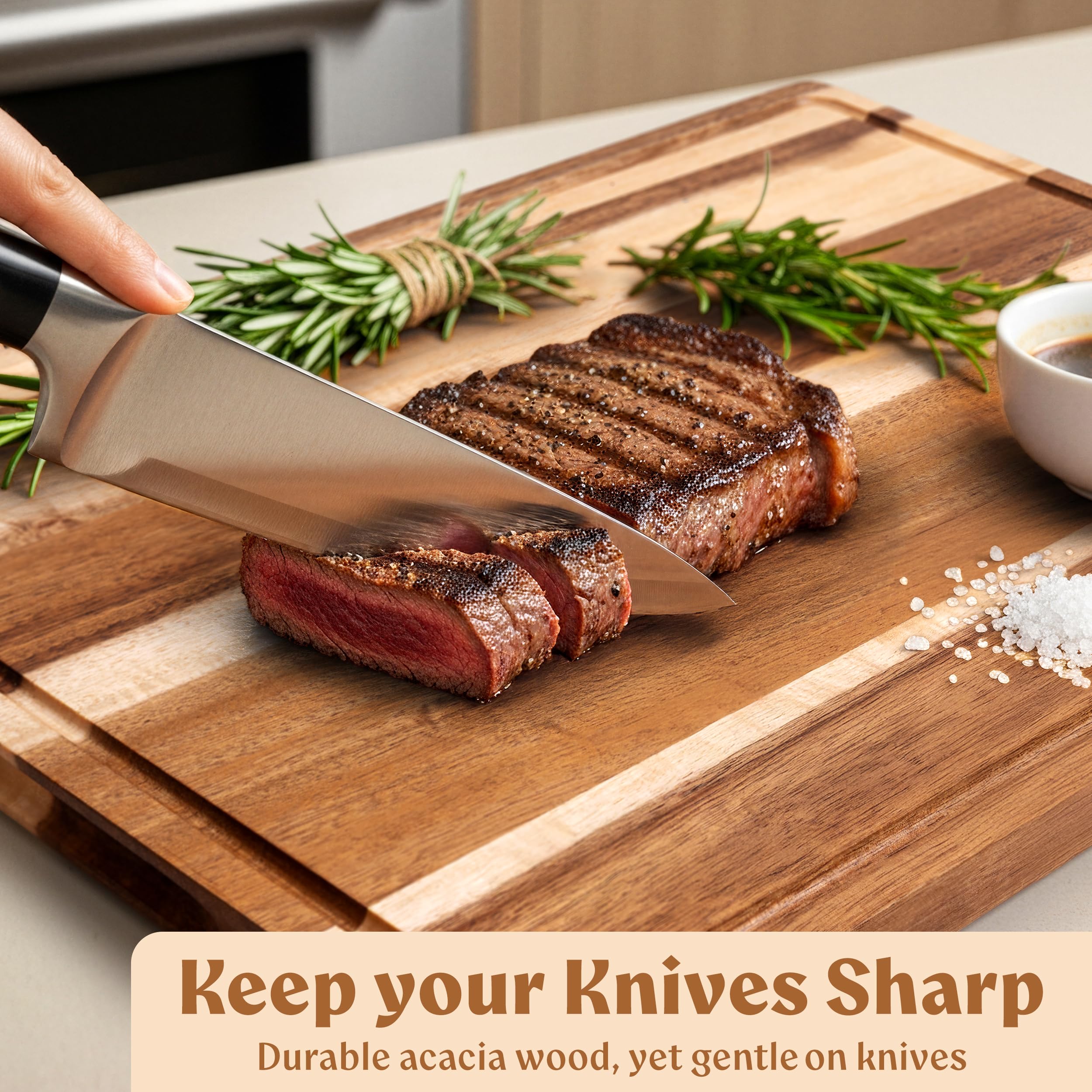EDELHAUS Acacia XL knife-friendly surface helps maintain blade sharpness.