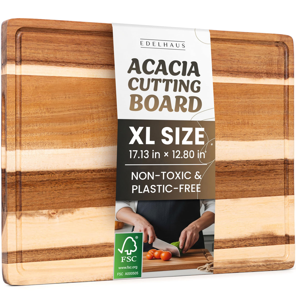 EDELHAUS Acacia XL cutting board setup shows a large, durable prep surface.