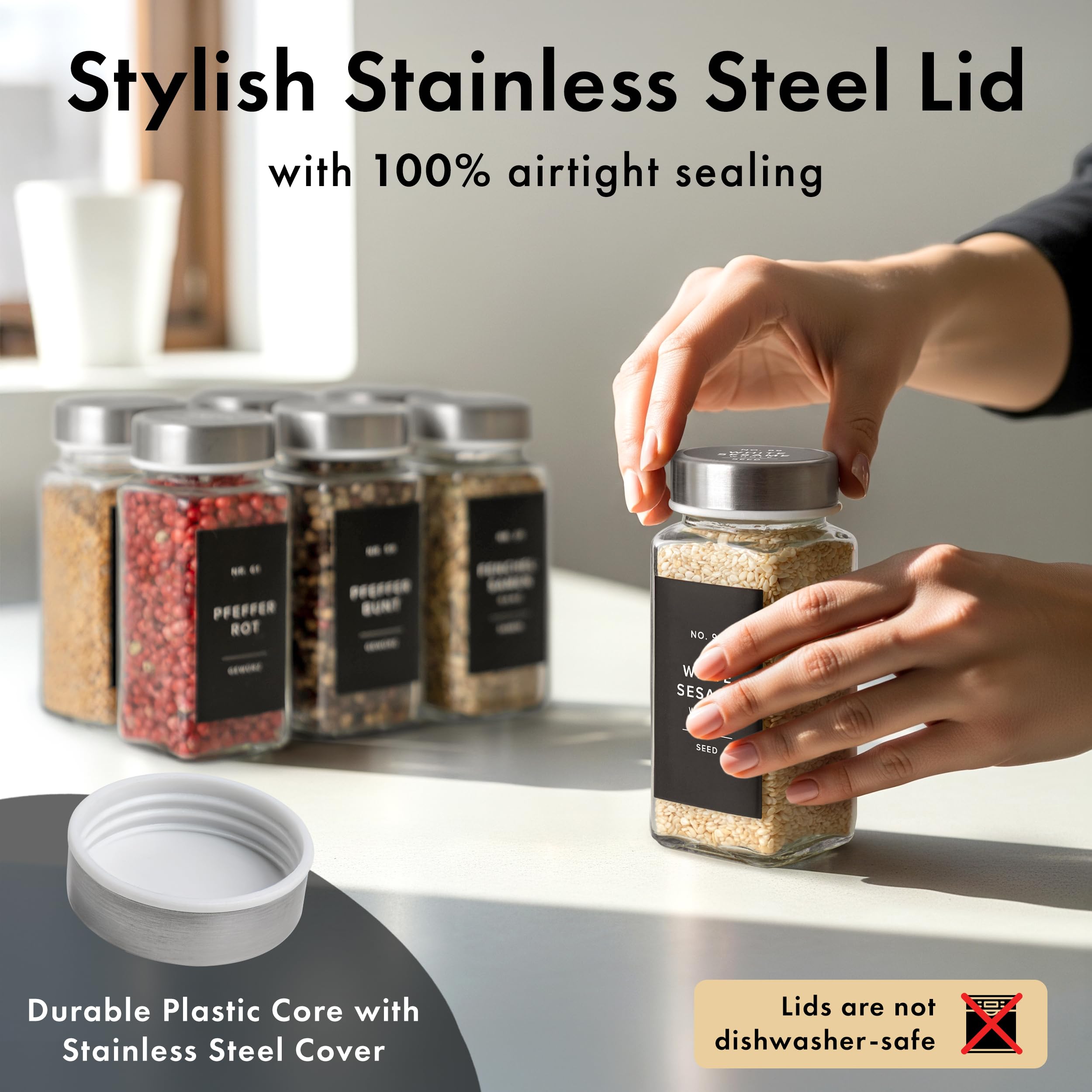 EDELHAUS assembled spice jars on a shelf ready to organize.