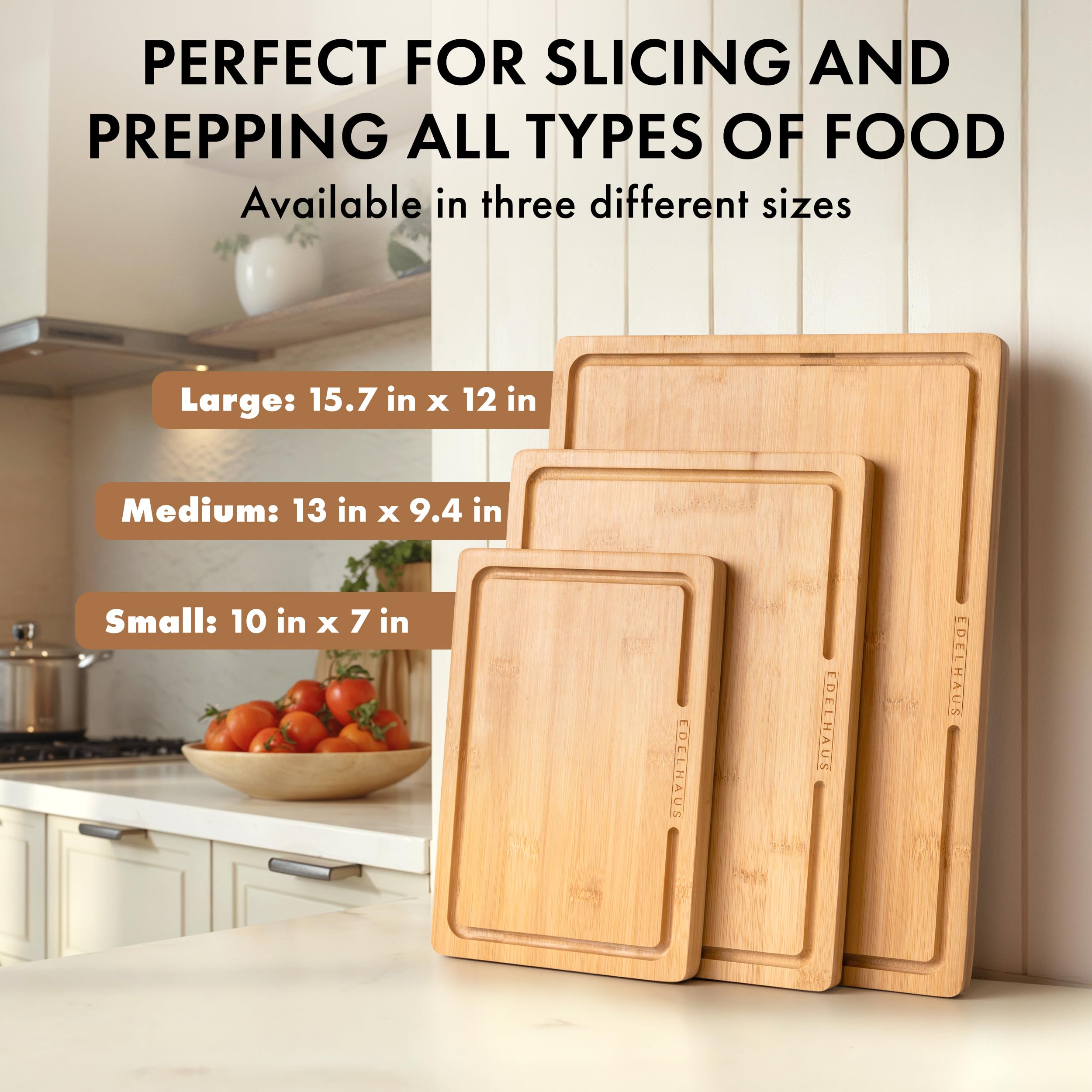 EDELHAUS Bamboo Cutting Board Deep Juice Groove enhances mess control during meat, fruit, and veg prep