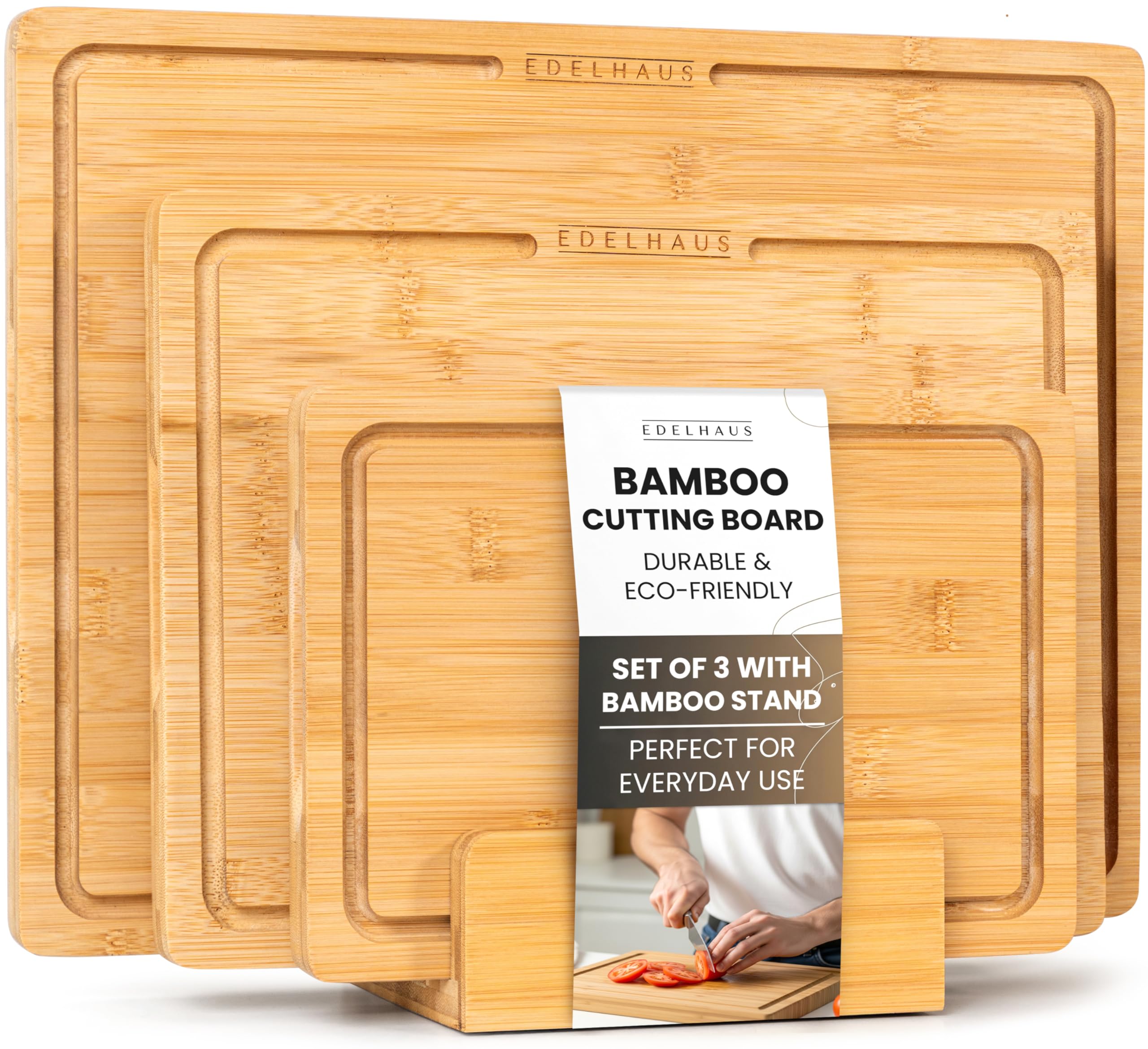 EDELHAUS Bamboo Cutting Board Set 3 assembled for durability and versatile prep and serving