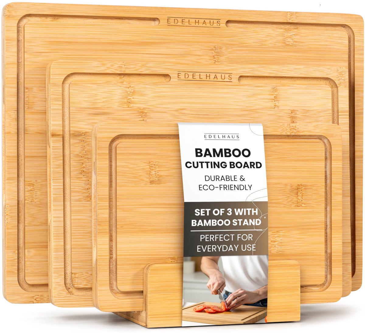 EDELHAUS Bamboo Cutting Board Set 3 assembled for durability and versatile prep and serving