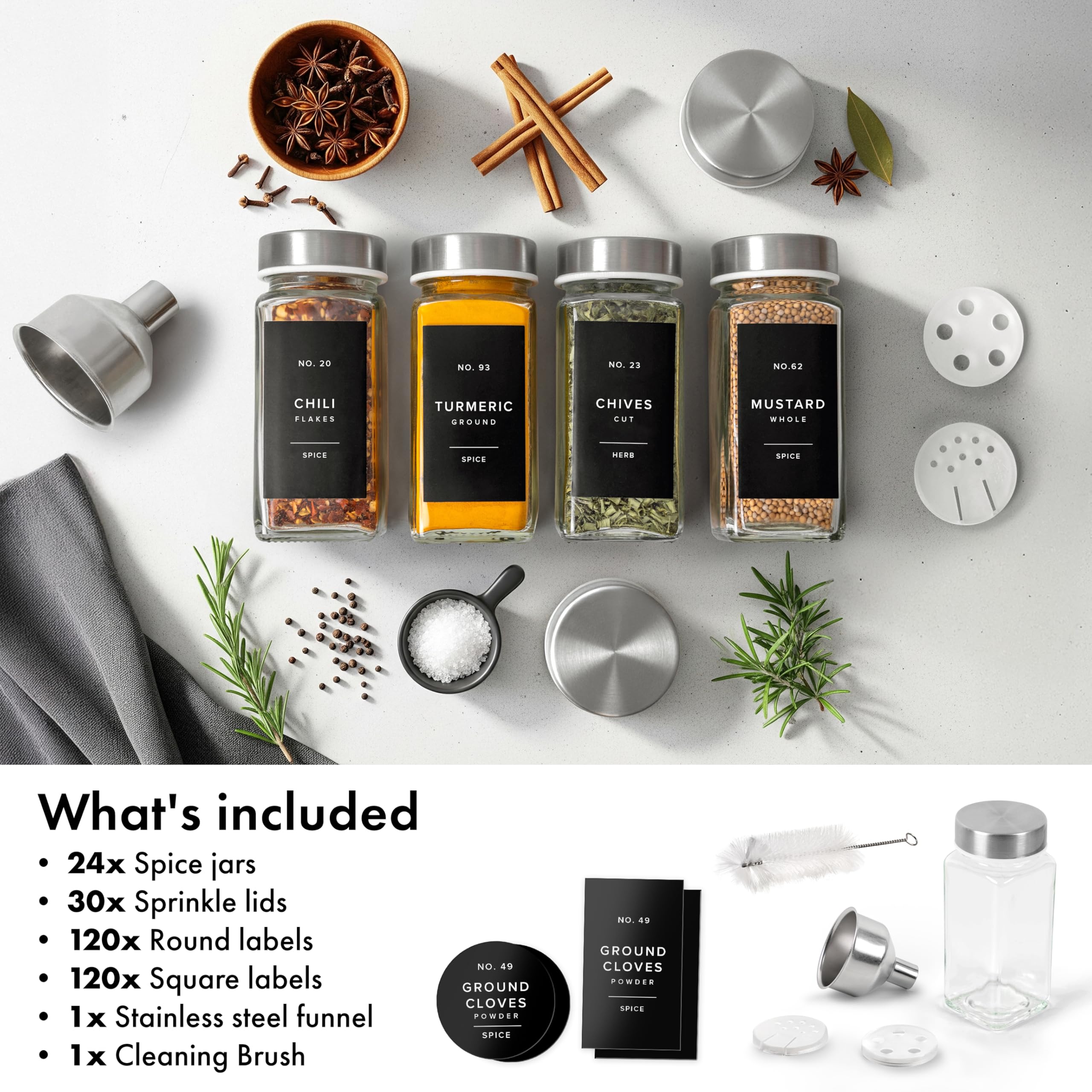EDELHAUS compact spice jars optimize drawer space.