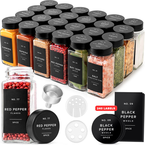 EDELHAUS glass spice jars with labels and stainless lids keep spices fresh and organized.
