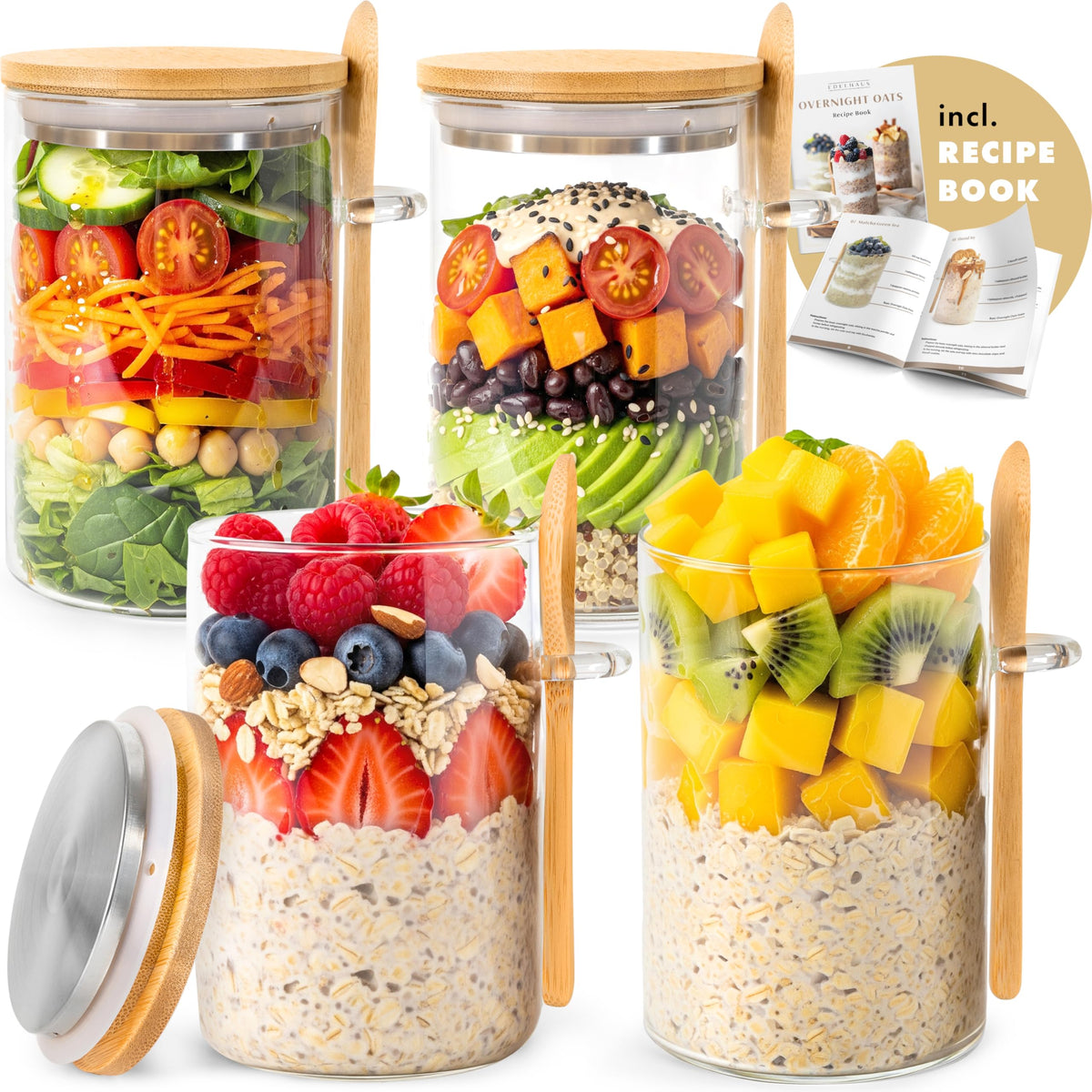 EDELHAUS overnight oats container with bamboo lid for fresh breakfast prep