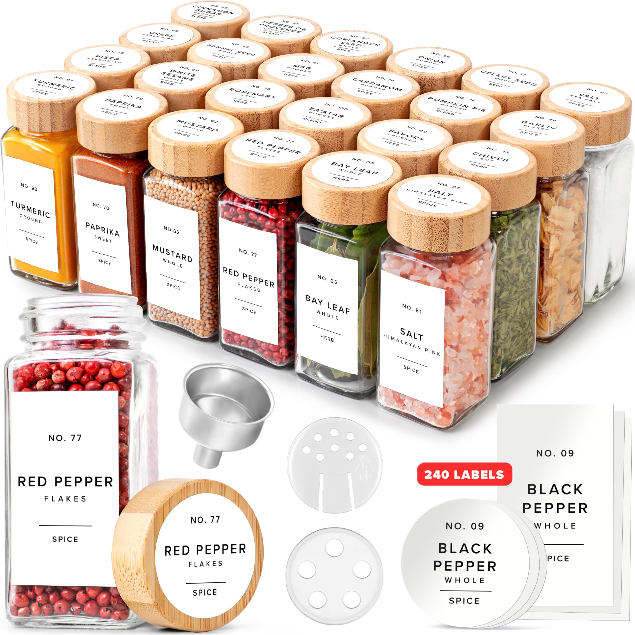 EDELHAUS square spice jars 24-pack with bamboo lids for organized pantry storage.