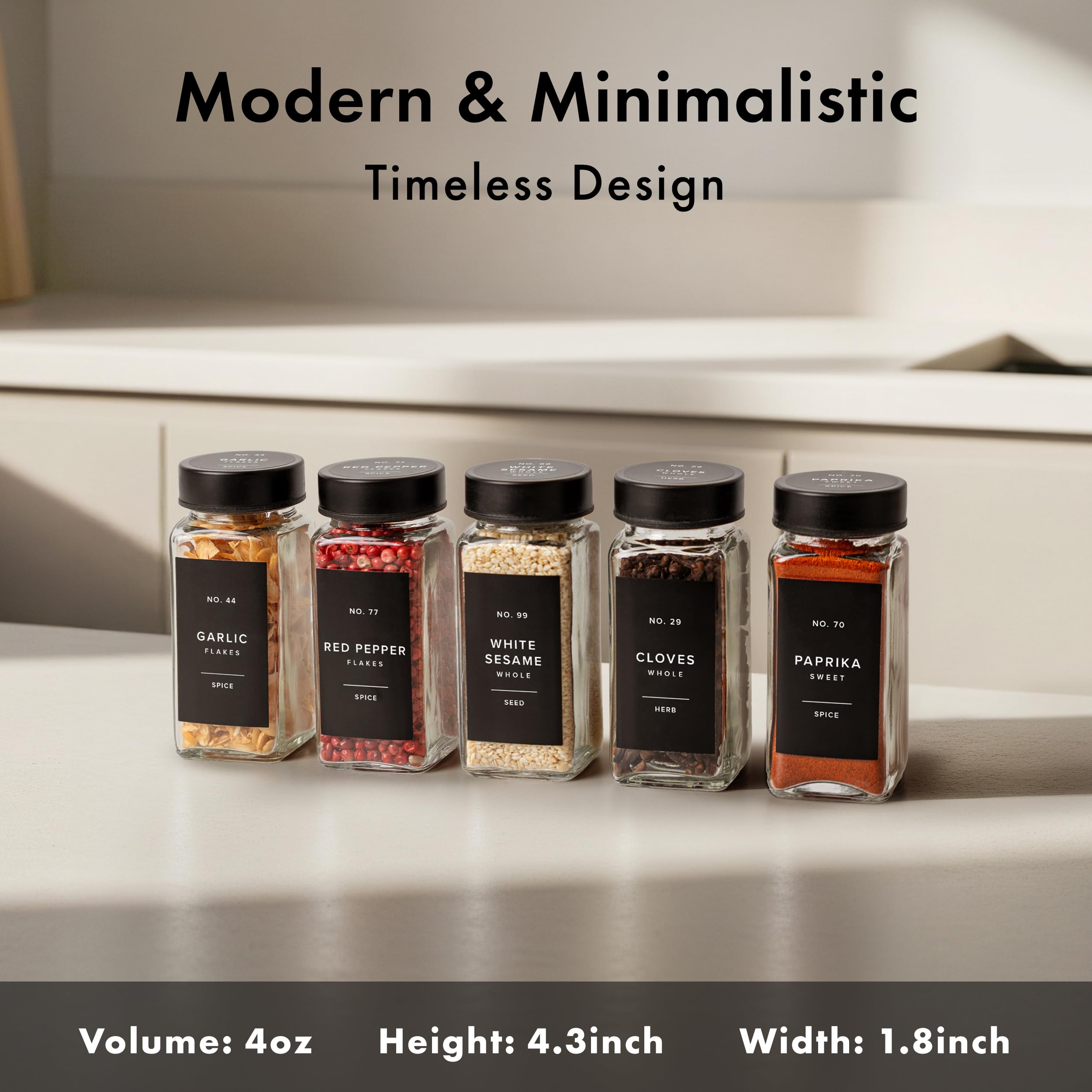 EDELHAUS square spice jars with 4oz capacity and clear labels.