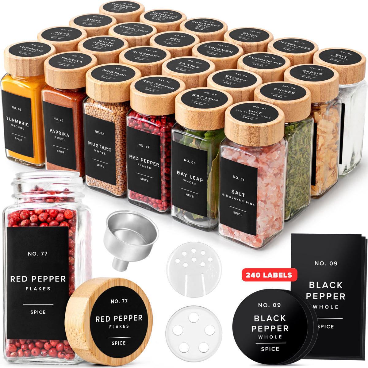 EDELHAUS square spice jars with bamboo lid neatly arranged for organized pantry storage.