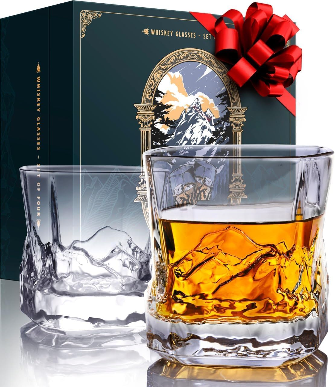 EdelweissPeak Everest bourbon glasses set 2 with panoramic mountain design for elegant gifting.