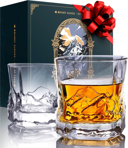 EdelweissPeak Everest bourbon glasses set 2 with panoramic mountain design for elegant gifting.