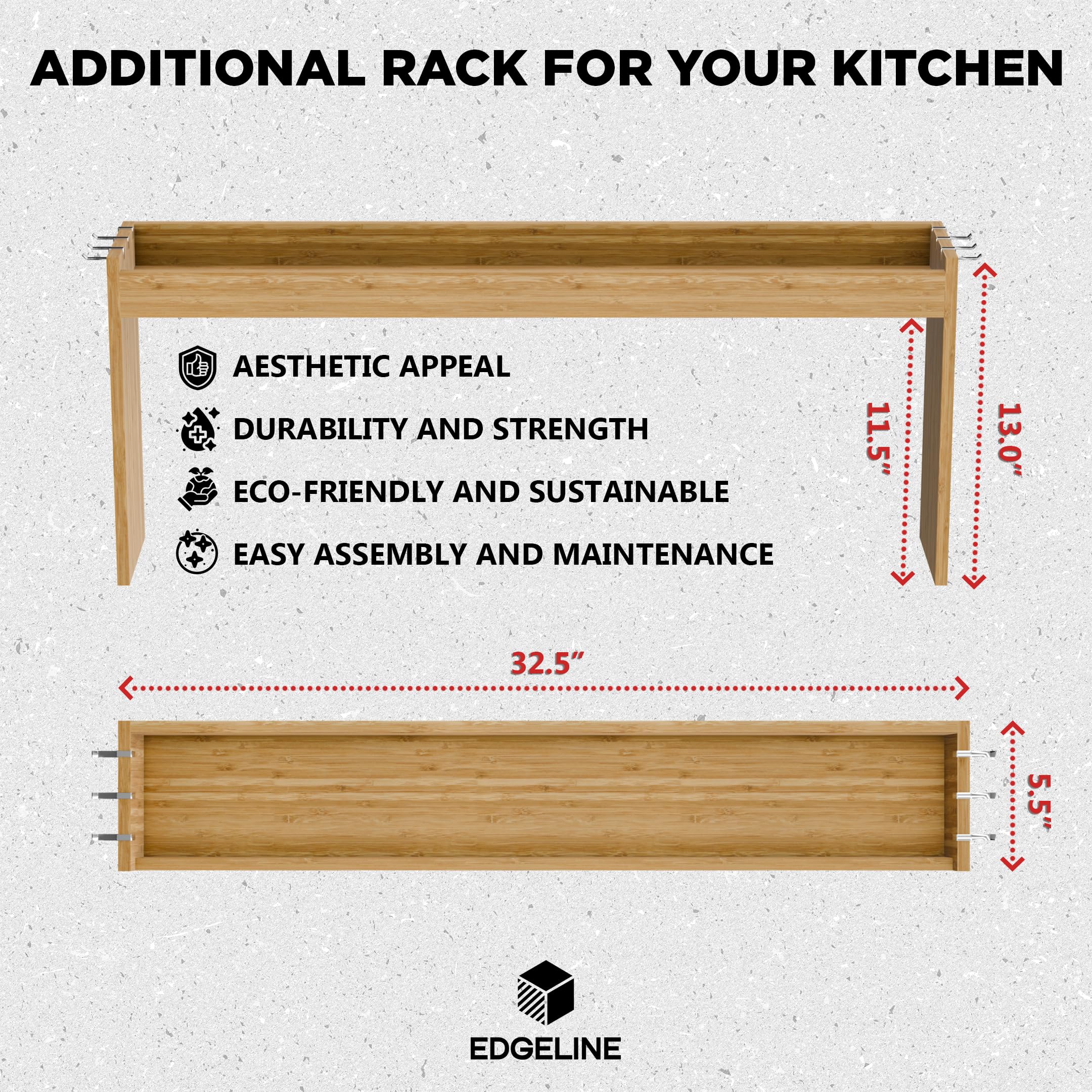 Edgecrest shelf showing six side hooks for utensils and towels.