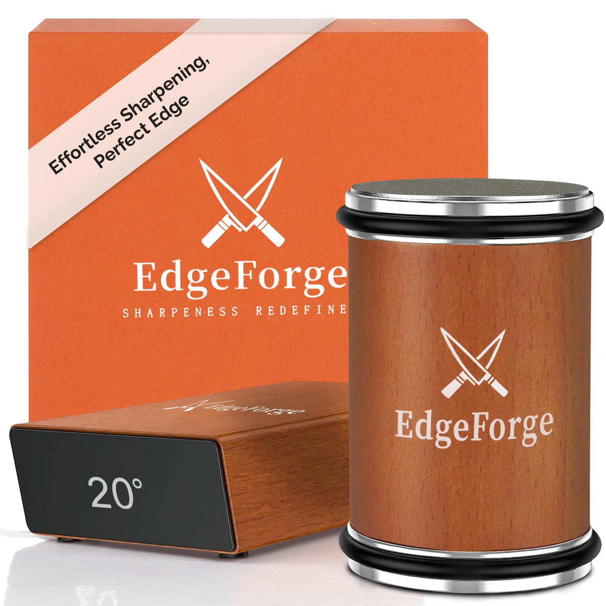 EdgeForge rolling sharpener front view highlights durable beech wood design for elegant kitchen use.