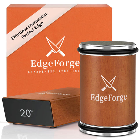 EdgeForge rolling sharpener front view highlights durable beech wood design for elegant kitchen use.