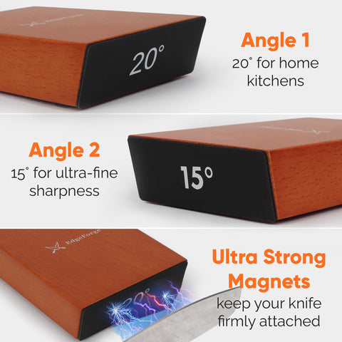 EdgeForge rolling sharpener magnet clip shows secure knife positioning during sharpening.