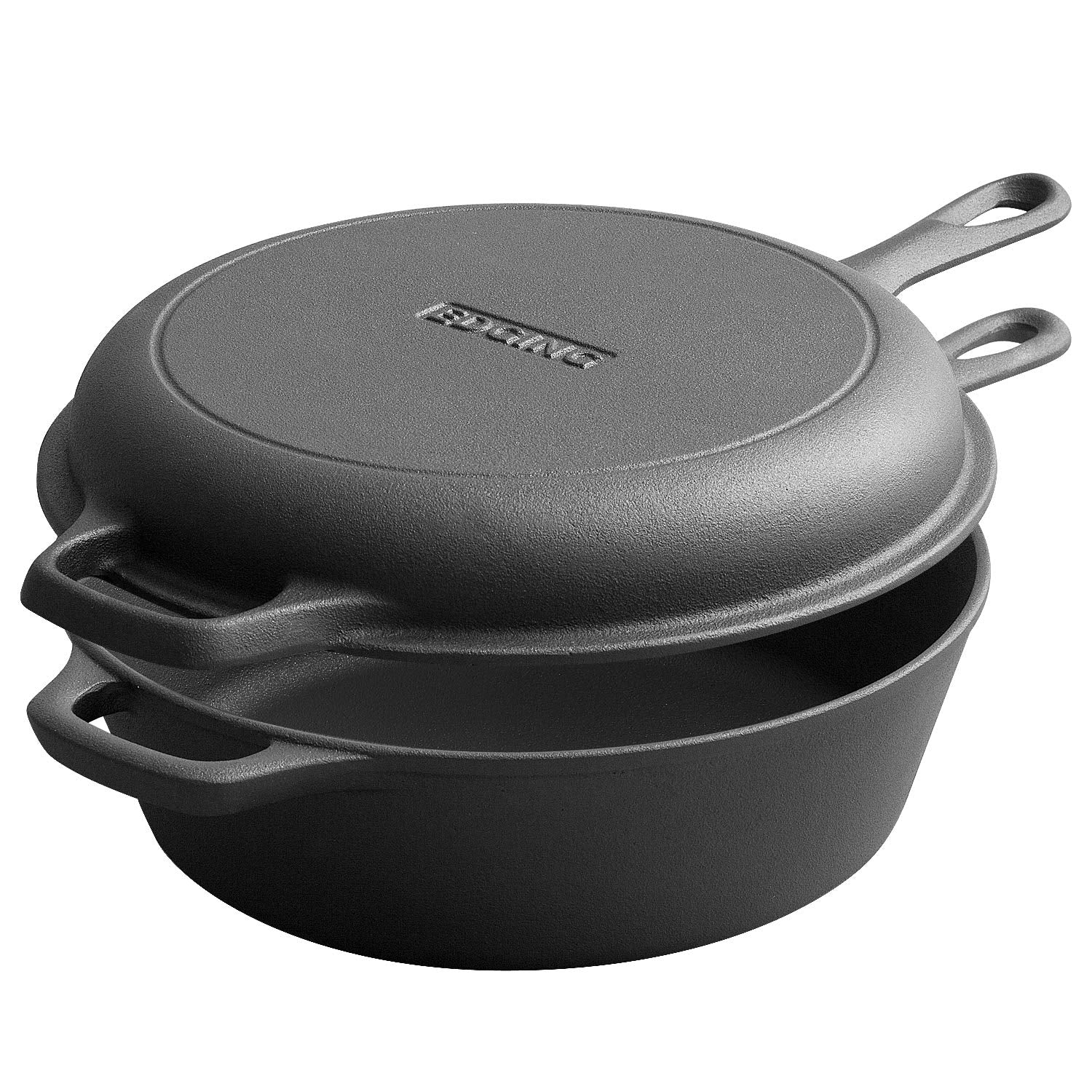 EDGING CASTING 2-in-1 dutch oven with lid closeup, ideal for soups and stews.