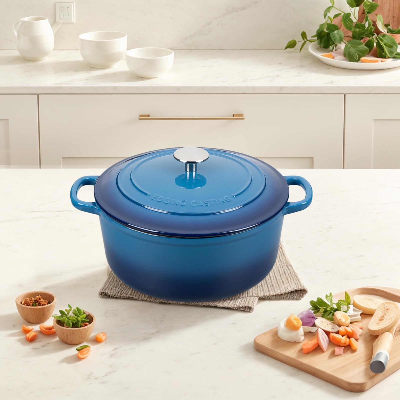 EDGING CASTING Lake Blue enamel surface cleans easily after cooking.