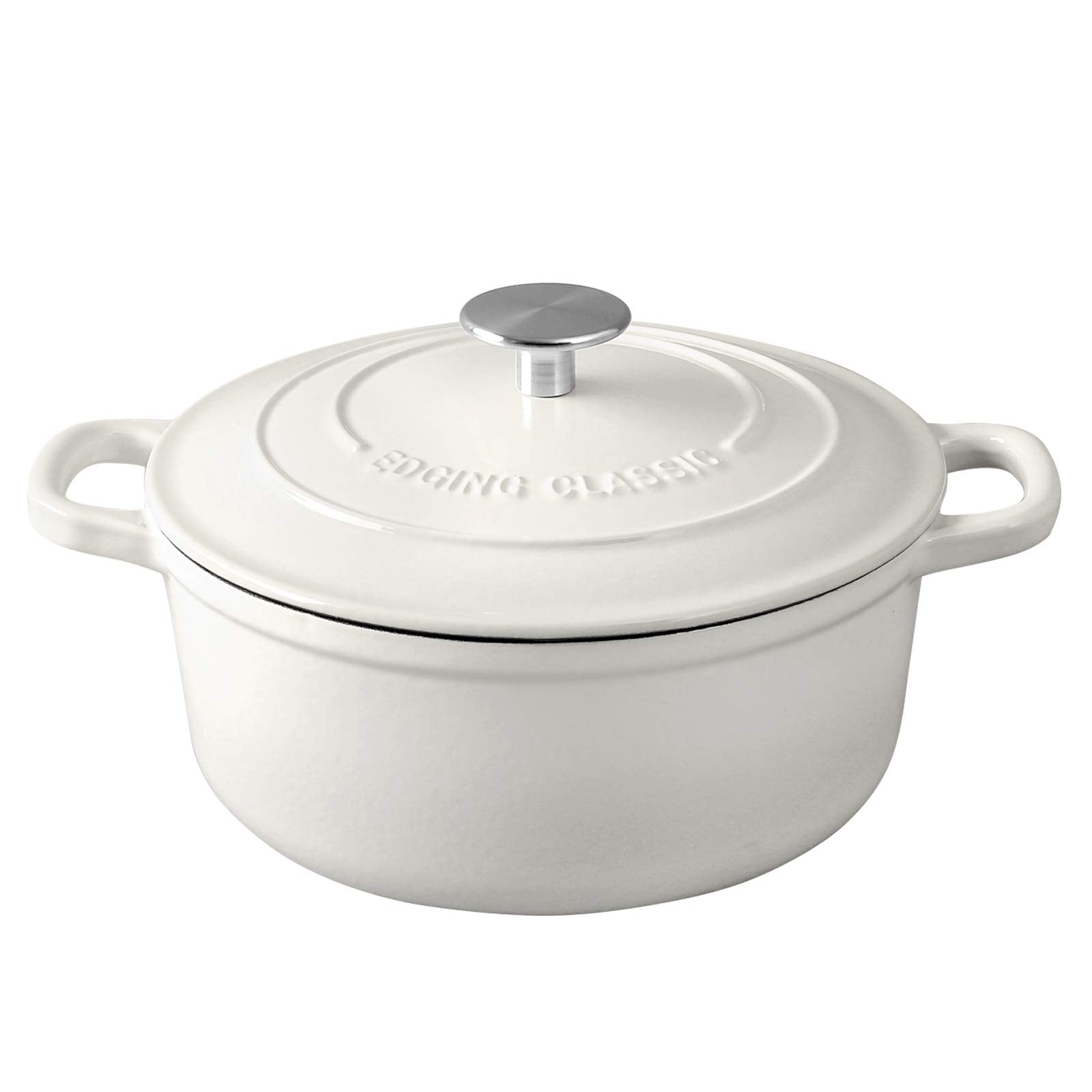 Edging Casting 7qt Dutch oven with white lid on, showing even heat distribution for breads