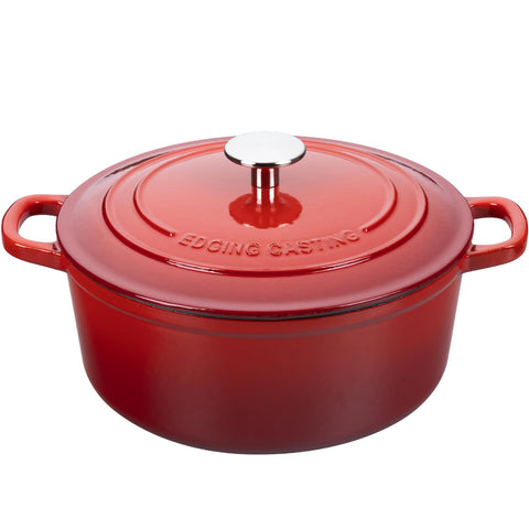 Edging Casting 7qt red Dutch oven with lid for even heat distribution.