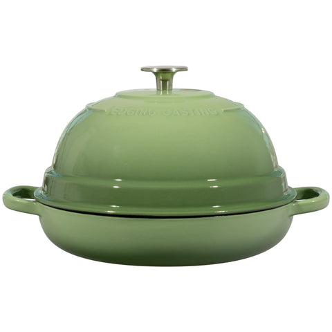 EDGING CASTING stainless steel knob detail on enamel lid.